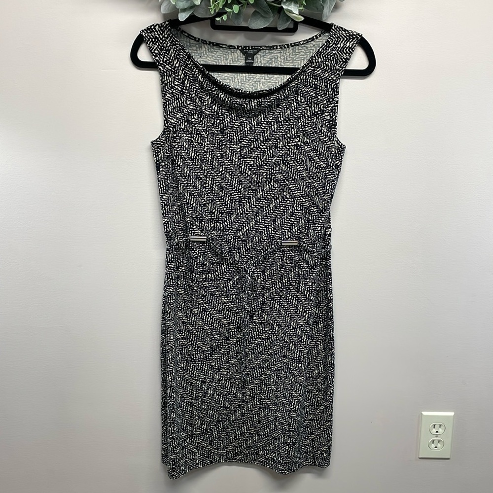 Ann Taylor Sleeveless Drape Neck Belted Knit Sheath Dress Graphic Print SP